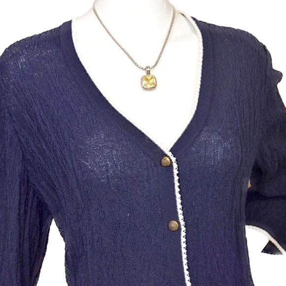 St. John Collection Navy Lacey Knit Enameled Buttons Cardigan - Picture 5 of 12